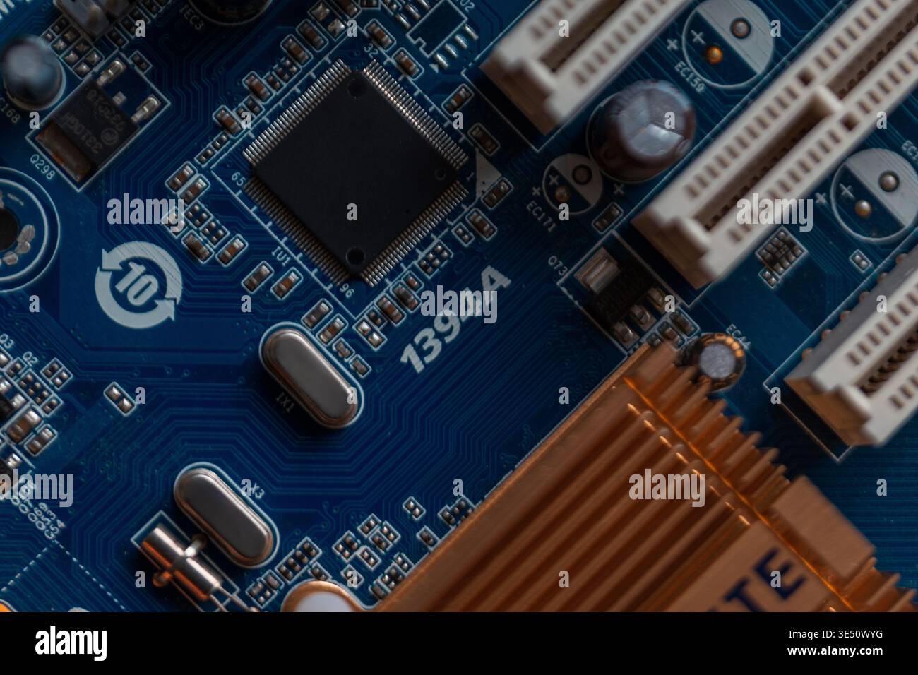Motherboard with chip, transistors and processor. Technology and AI Stock Photo