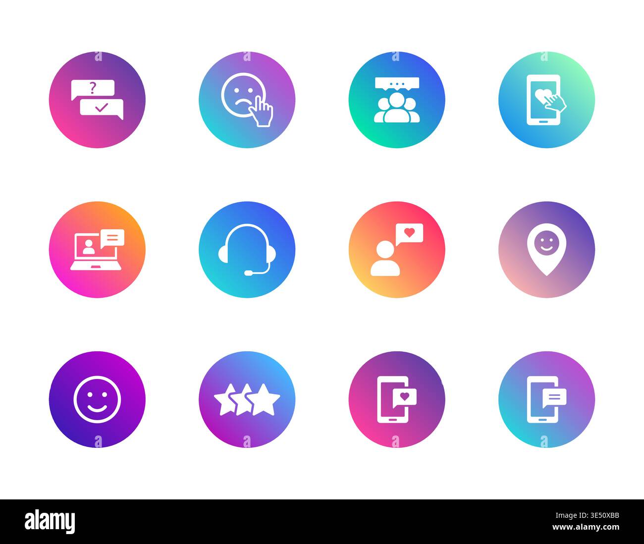 Customer support icons set. Gradient round vector pictograms for feedback, communication, and user interaction. Stock Vector