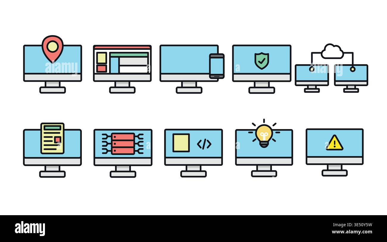 Desktop Computer Icons Set with Soft Colors Stock Vector