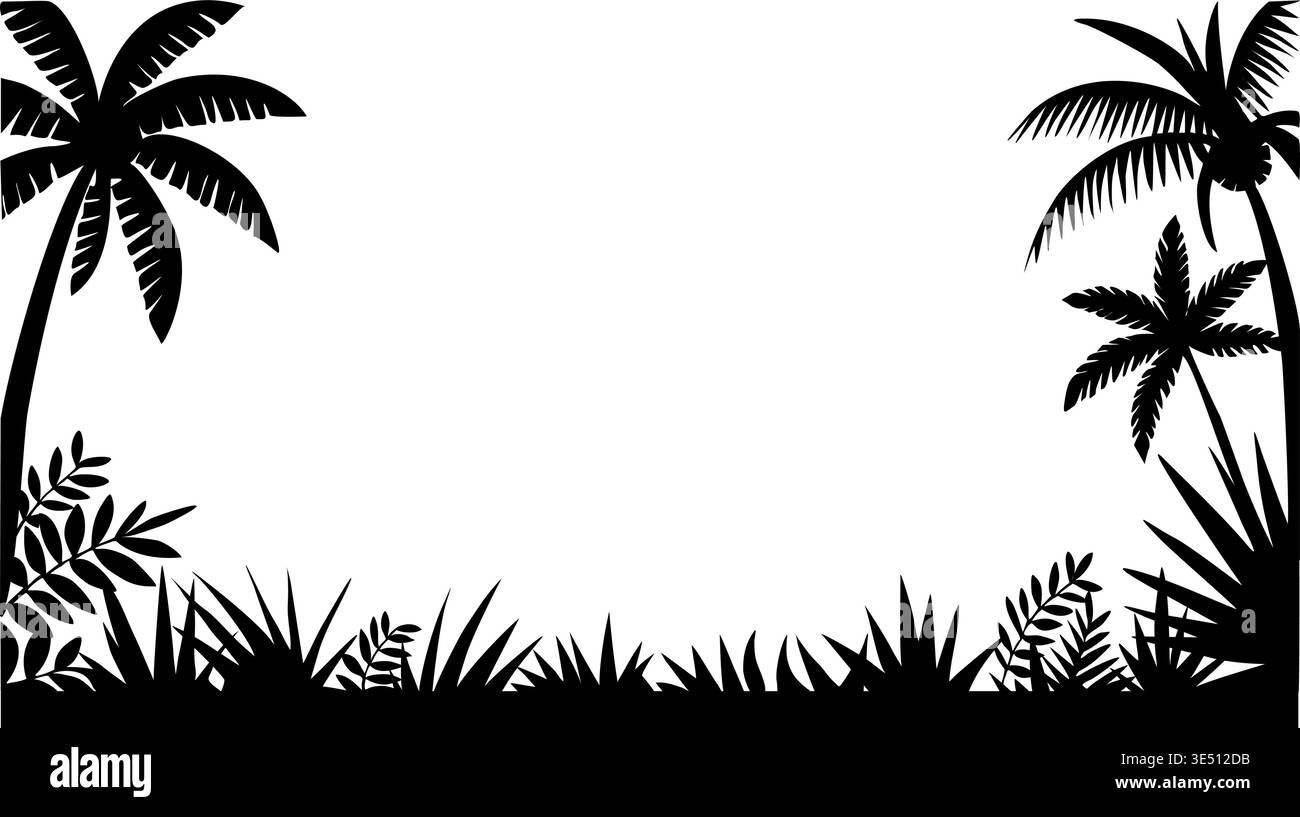 Tropical palm trees frame a lush, leafy border Stock Vector