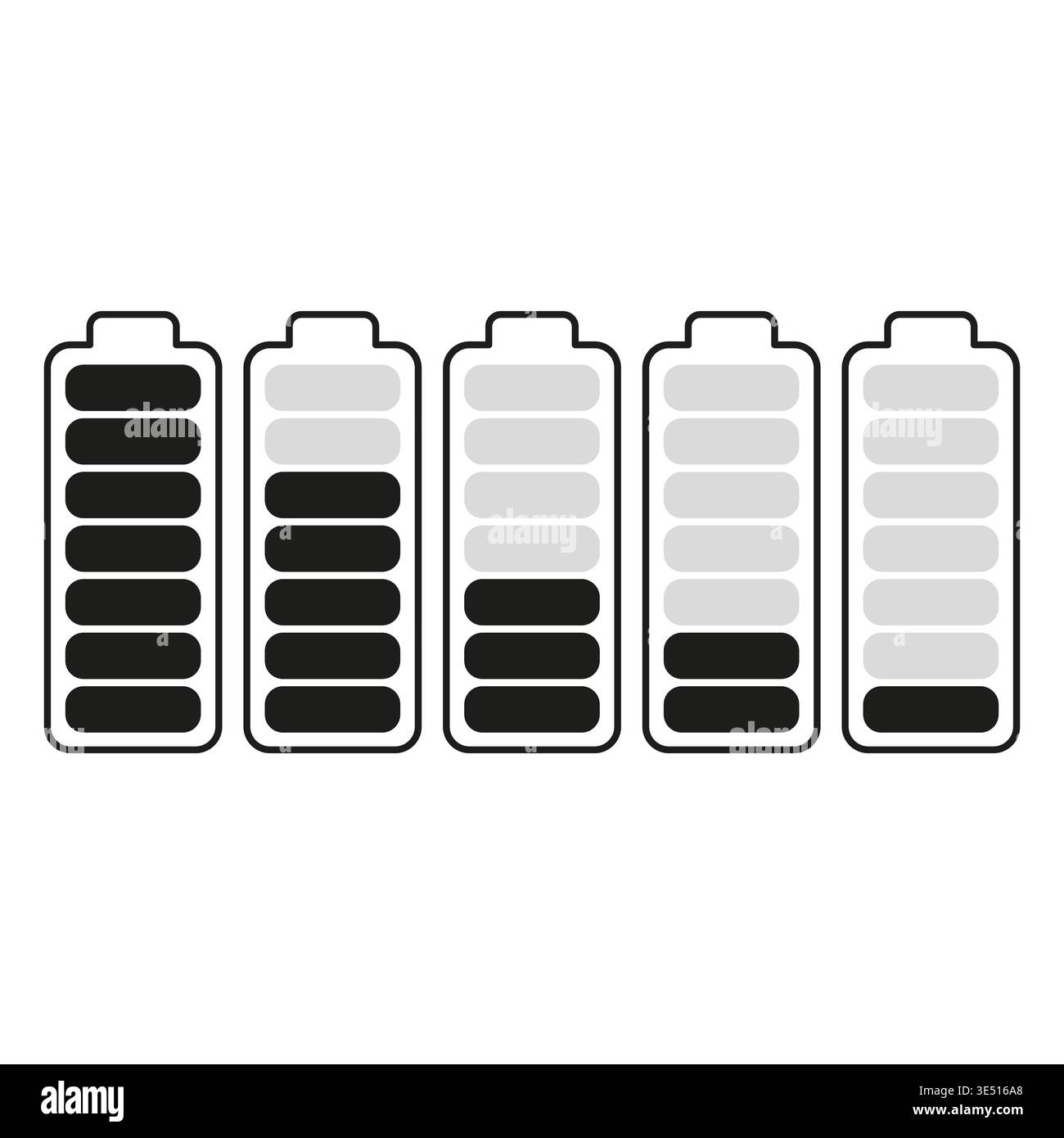Black battery set. Energy level progress. Power status Vector. Charge step collection. Manual vector only. No autotrace used. Stock Vector