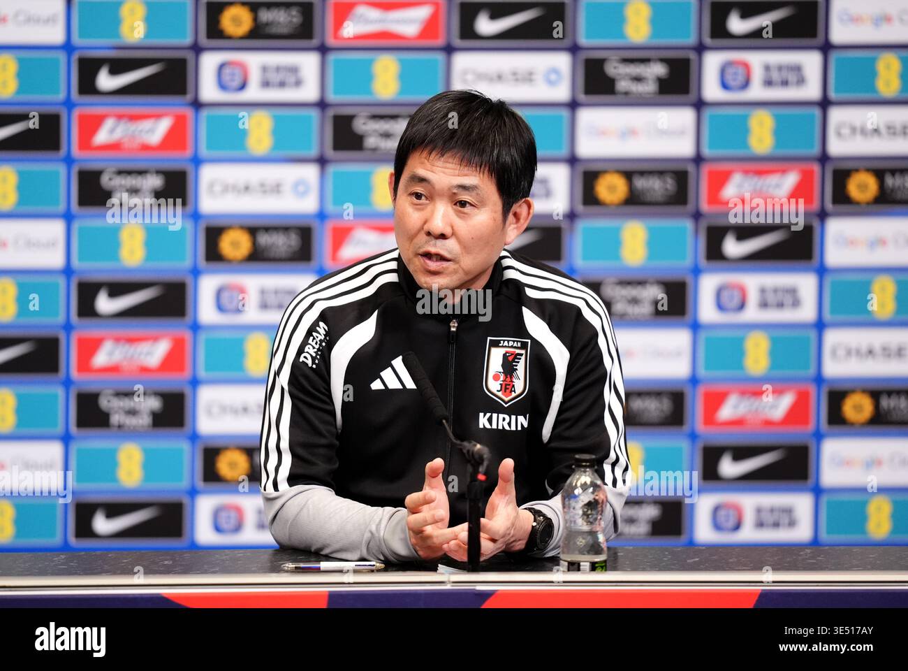 Japan manager Hajime Moriyasu during a press conference at Wembley ...