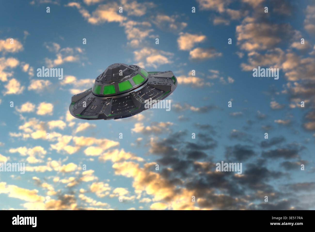 Concept of alien craft flying in the sky. Stock Photo