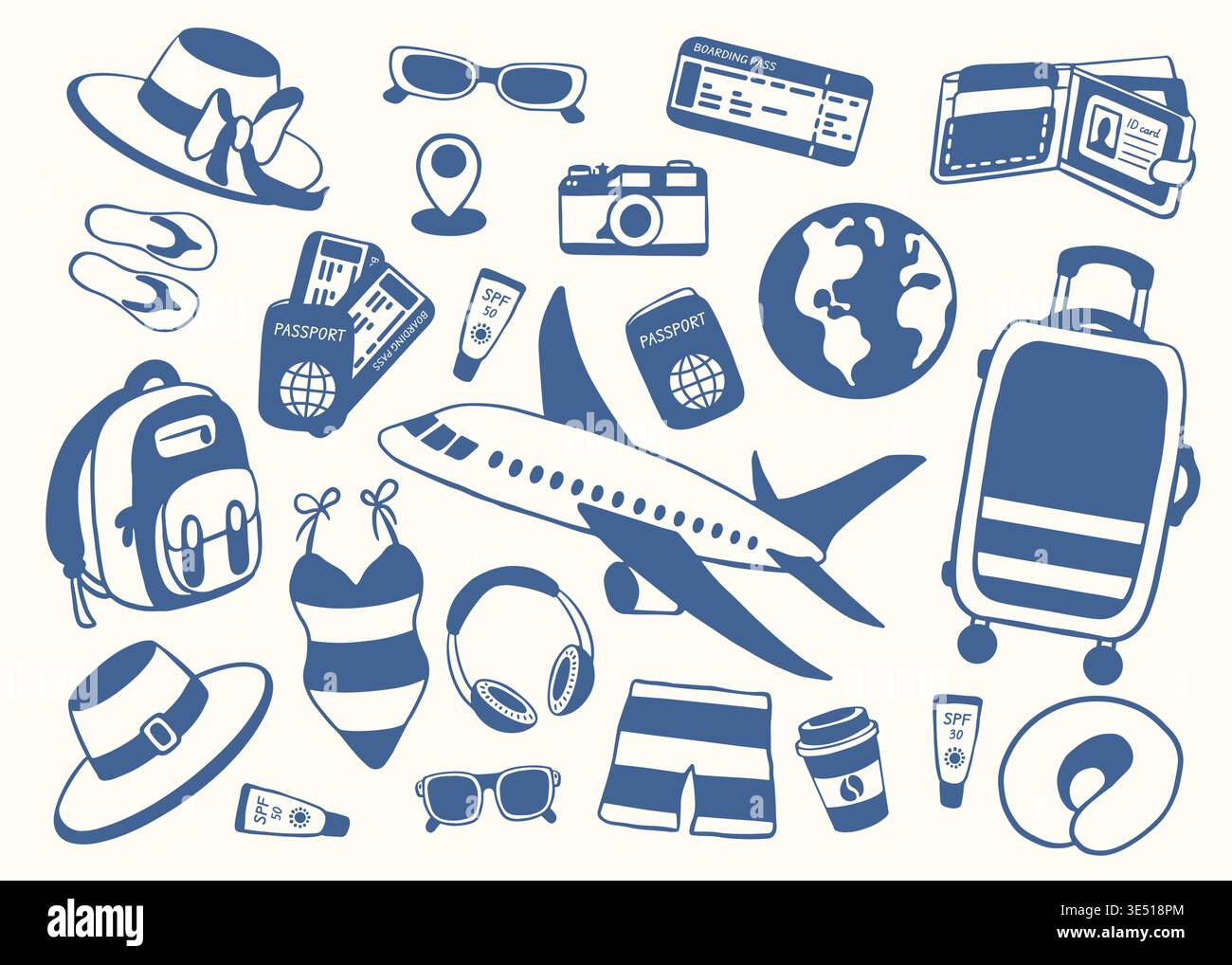 Travel icon set with airplane, passport, suitcase and summer accessories in flat style. Ideal for tourism design, vacation concept, sticker, poster Stock Vector