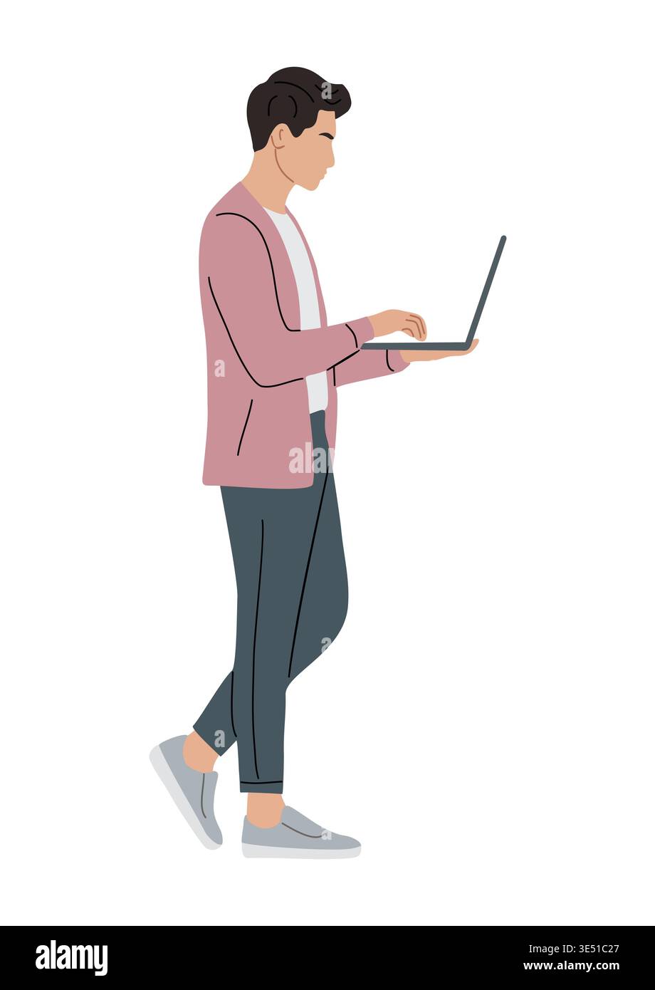 Young business man walks while using laptop Stock Vector
