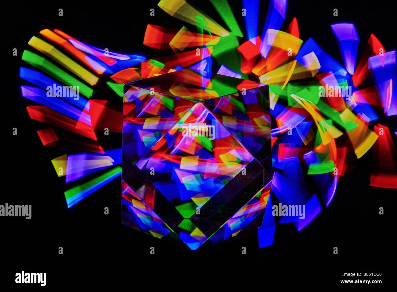 A colorful,abstract Crystal cube on a black background. Stock Photo