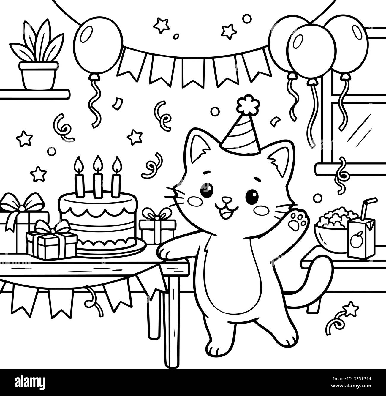 Cute Cat Birthday Party Coloring Page Stock Vector Image & Art - Alamy
