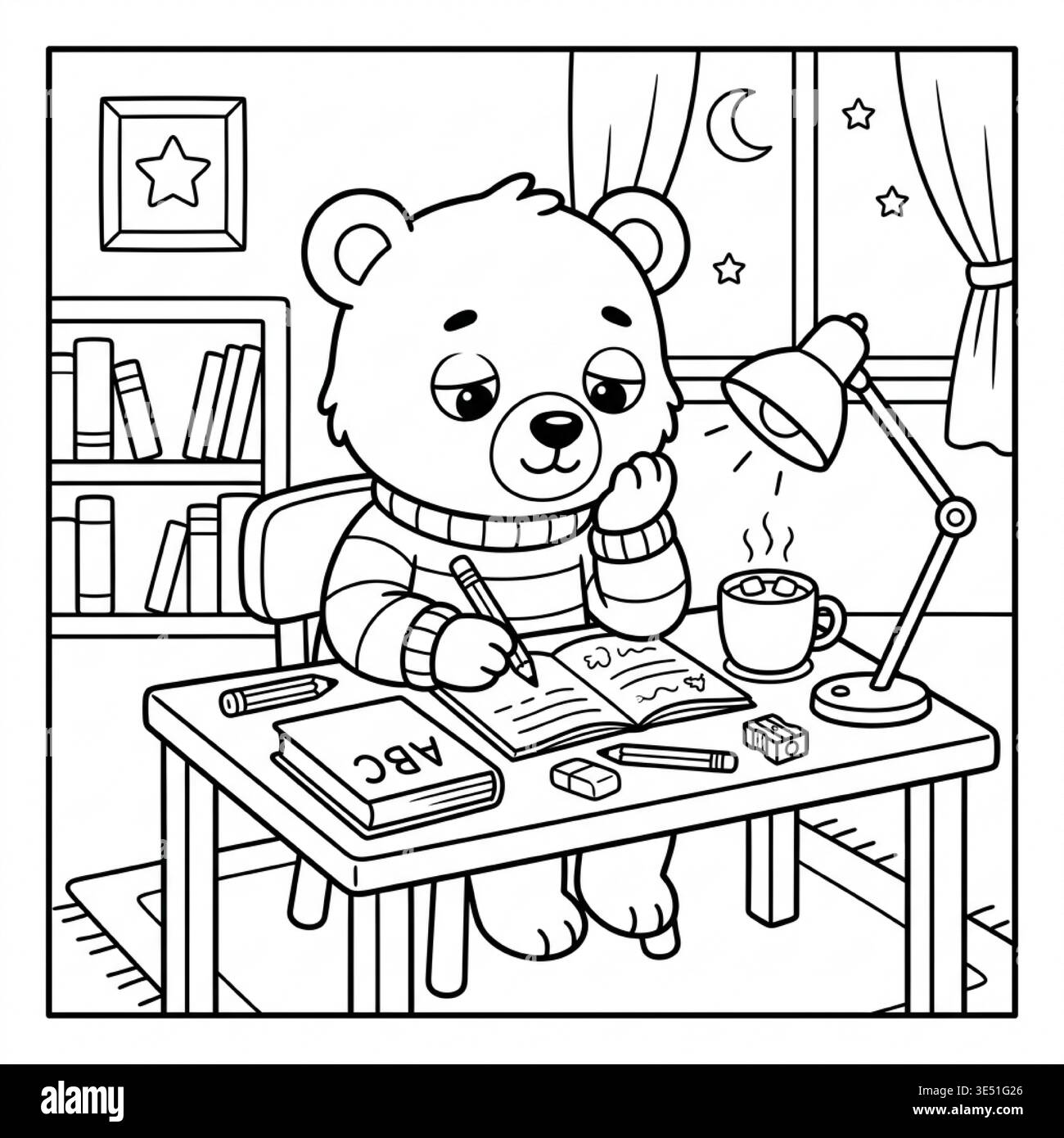 Cute Bear Studying at Desk on a Cozy Night Stock Vector