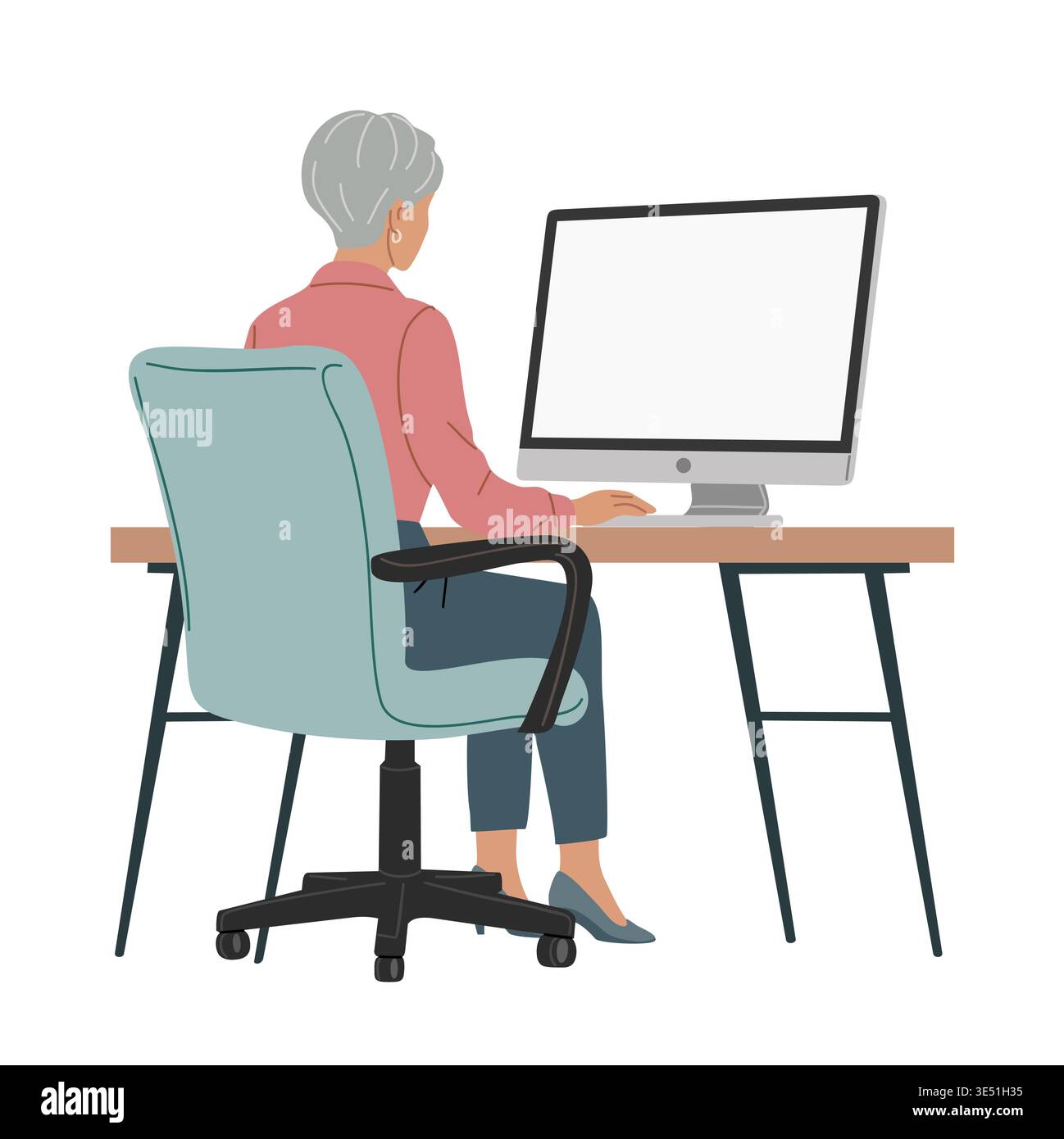 Woman sits at desk, focused on computer screen Stock Vector