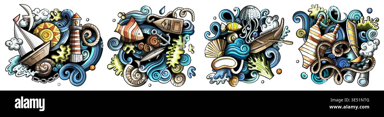 Marine cartoon vector doodle designs set. Stock Vector