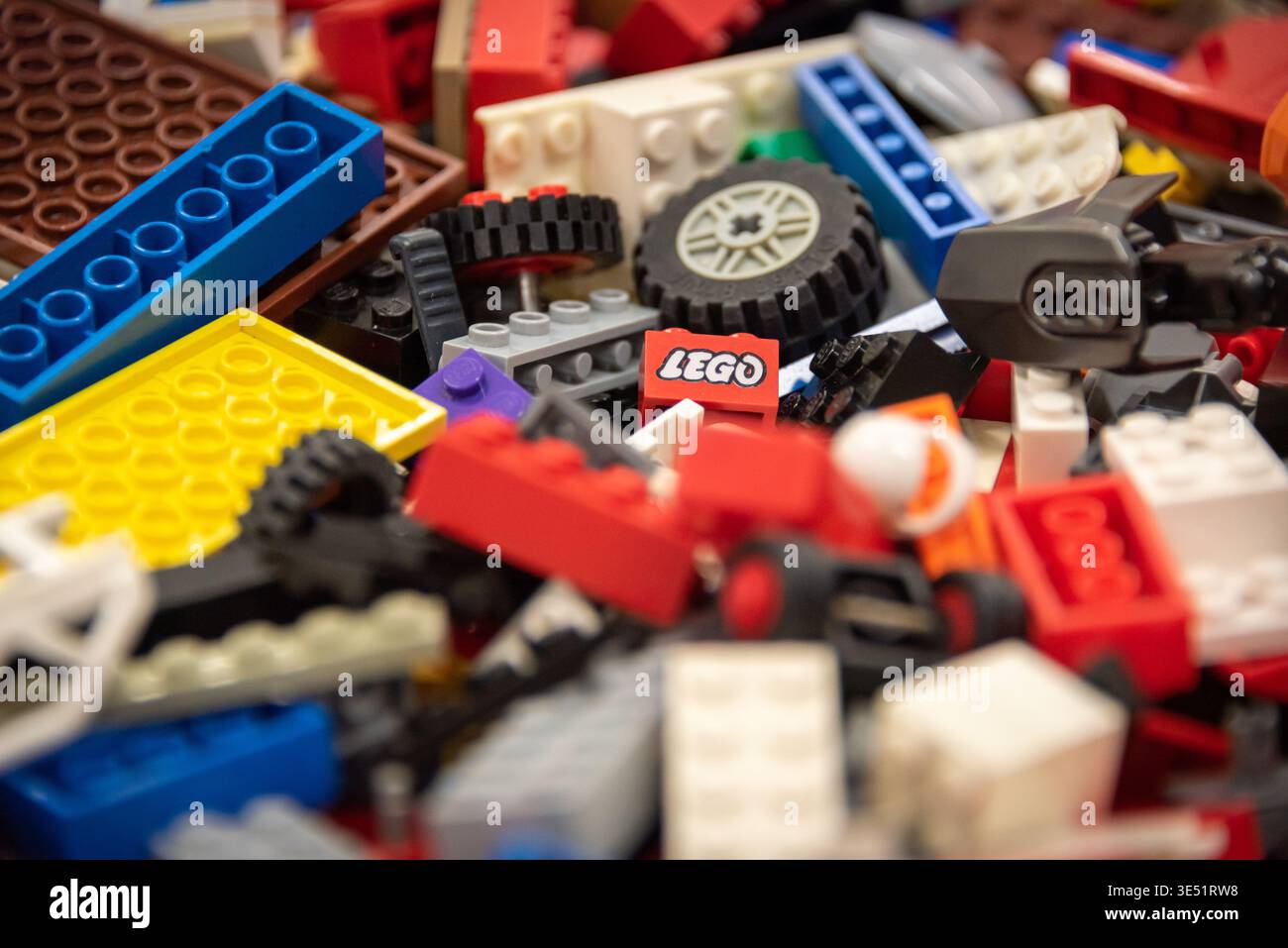 Detail view of a pile of Lego bricks Stock Photo