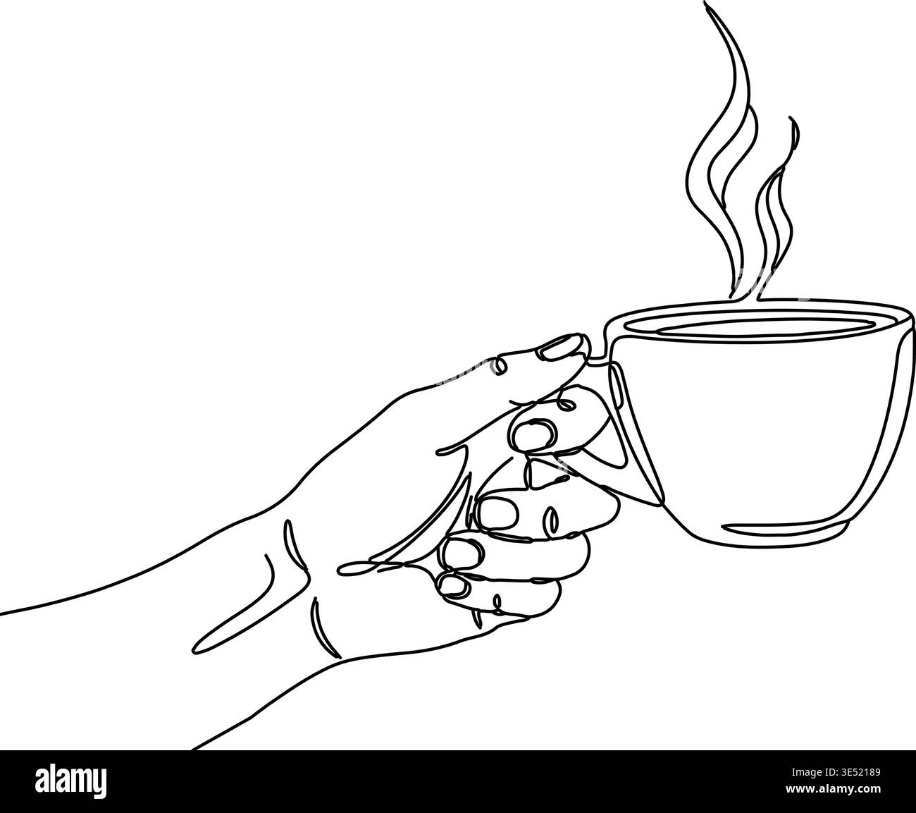 A human hand continuously drawn holding a steaming coffee cup, a minimalist vector illustration perfect for cafe menus. Stock Vector