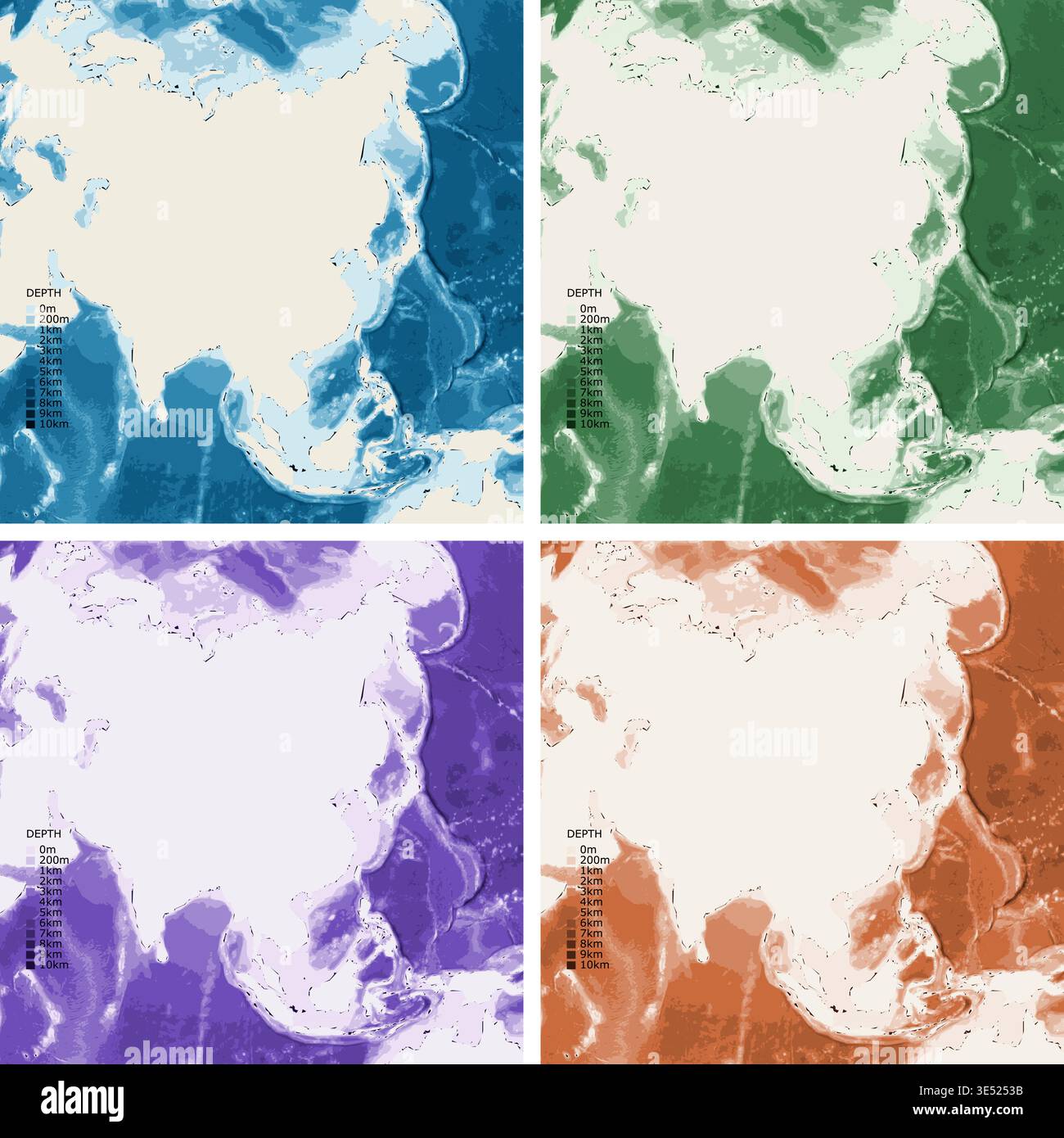 Asia Bathymetric Ocean Depth Map - Azimuthal Equal-Area Projection ...