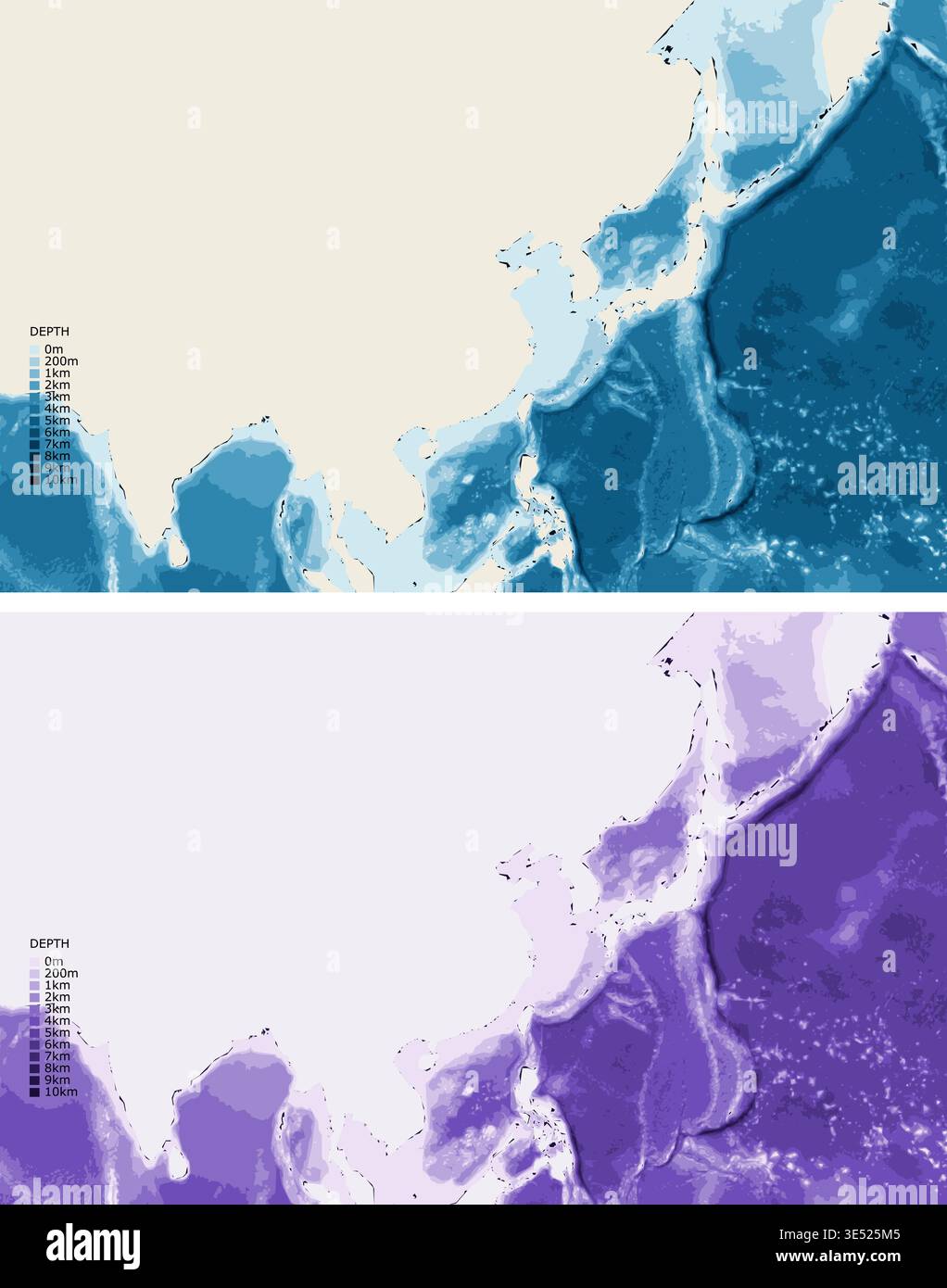 Sea Color Depth East Asia Bathymetric Ocean Depth Map - Mercator Projection - Scalable ...