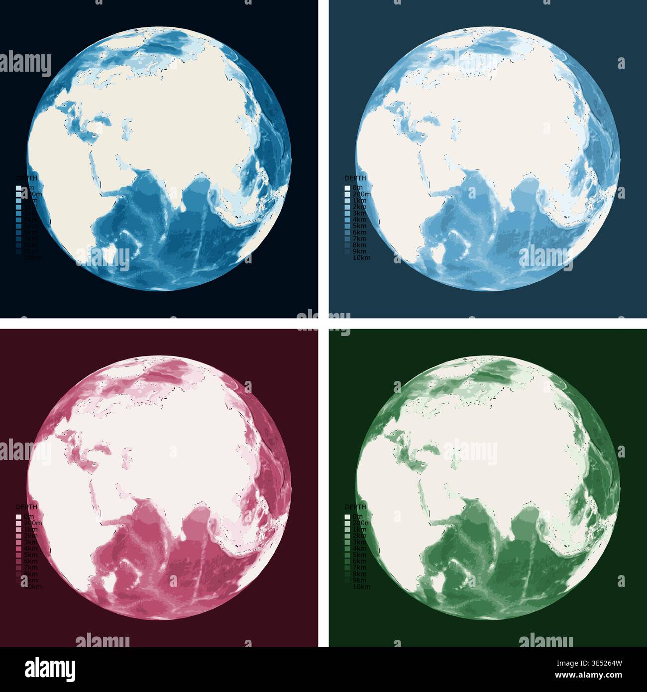 Sea Color Depth Eastern Hemisphere Bathymetric Ocean Depth Map - Orthographic ...