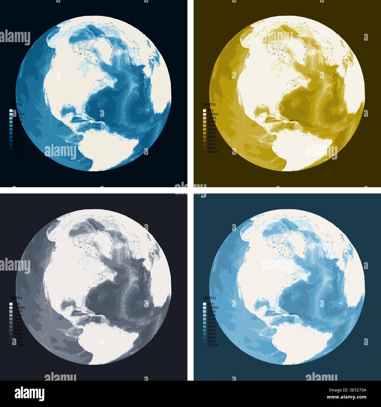 Sea Color Depth Oblique 40 N Snyder C Bathymetric Ocean Depth Map - Orthographic ...