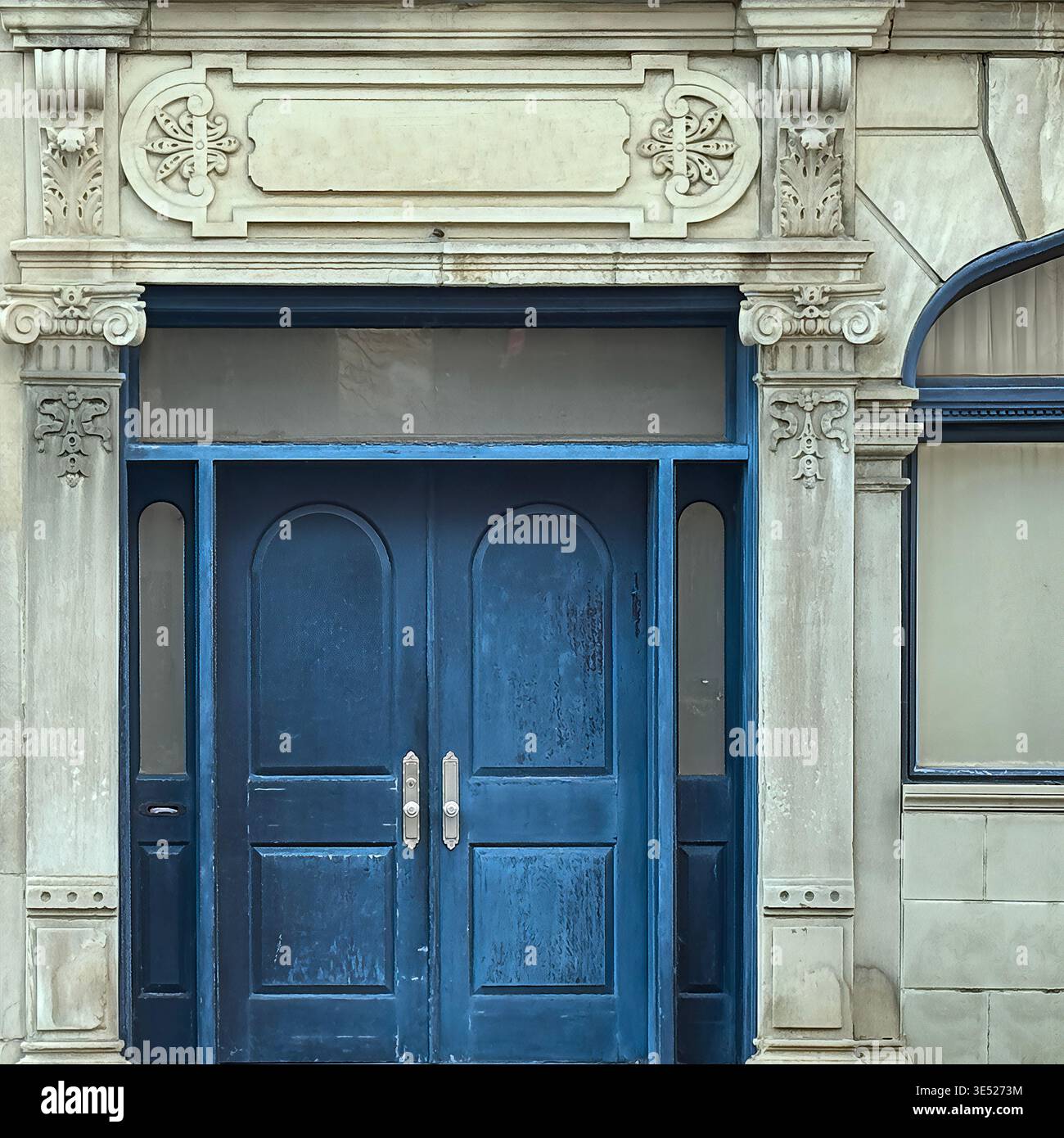 Weathered blue double doors set within an ornate stone surround, emphasizing texture and symmetry in Chicago architecture. - Smartphone Captured Stock Image