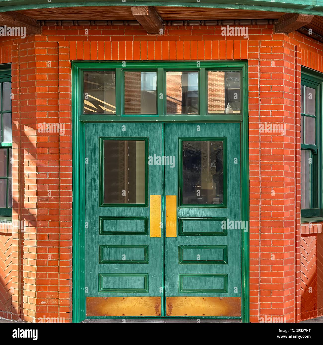 Green double doors at a Chicago Transit Authority station entrance, Chicago. - Smartphone Captured Stock Image