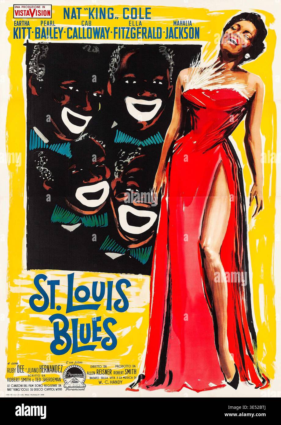 This vibrant Italian movie poster from 1958 promotes the film "St. Louis Blues," starring music legend Nat King Cole, Eartha Kitt, Pearl Bailey, Cab Calloway, Ella Fitzgerald, and Mahalia Jackson. The illustration features a woman in a striking red dress alongside caricature-like faces with exaggerated smiles, capturing the essence of the musical biopic. Stock Photo