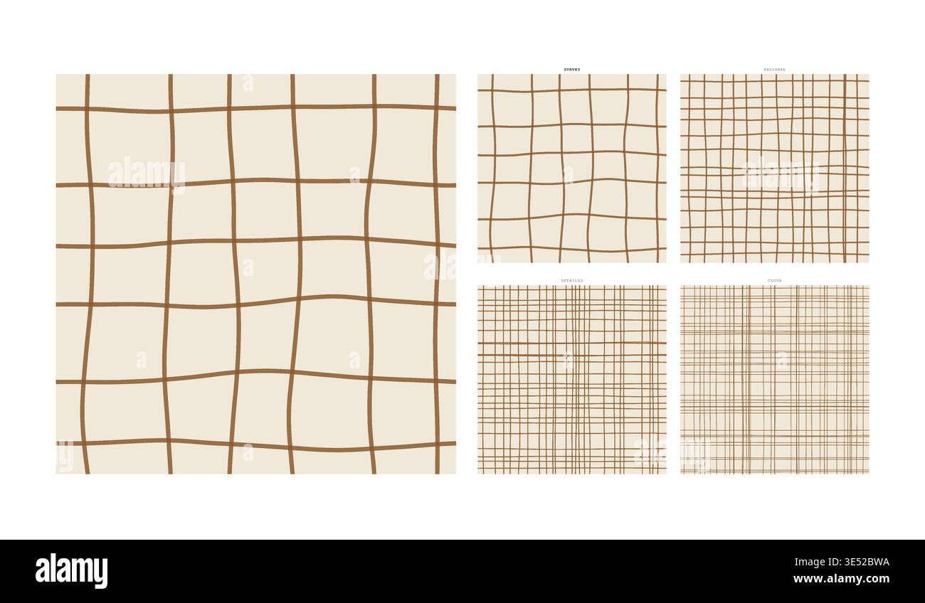 Topographic Contour Hand Drawn Grid Pattern Survey Survey Map - Freehand Stroke Grid Forming Interlocking Repeat for Surface Pattern Design Featuring Stock Vector