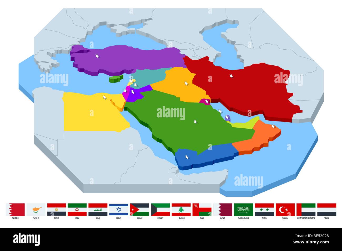 Isometric political map of the Middle East with highlighted countries ...