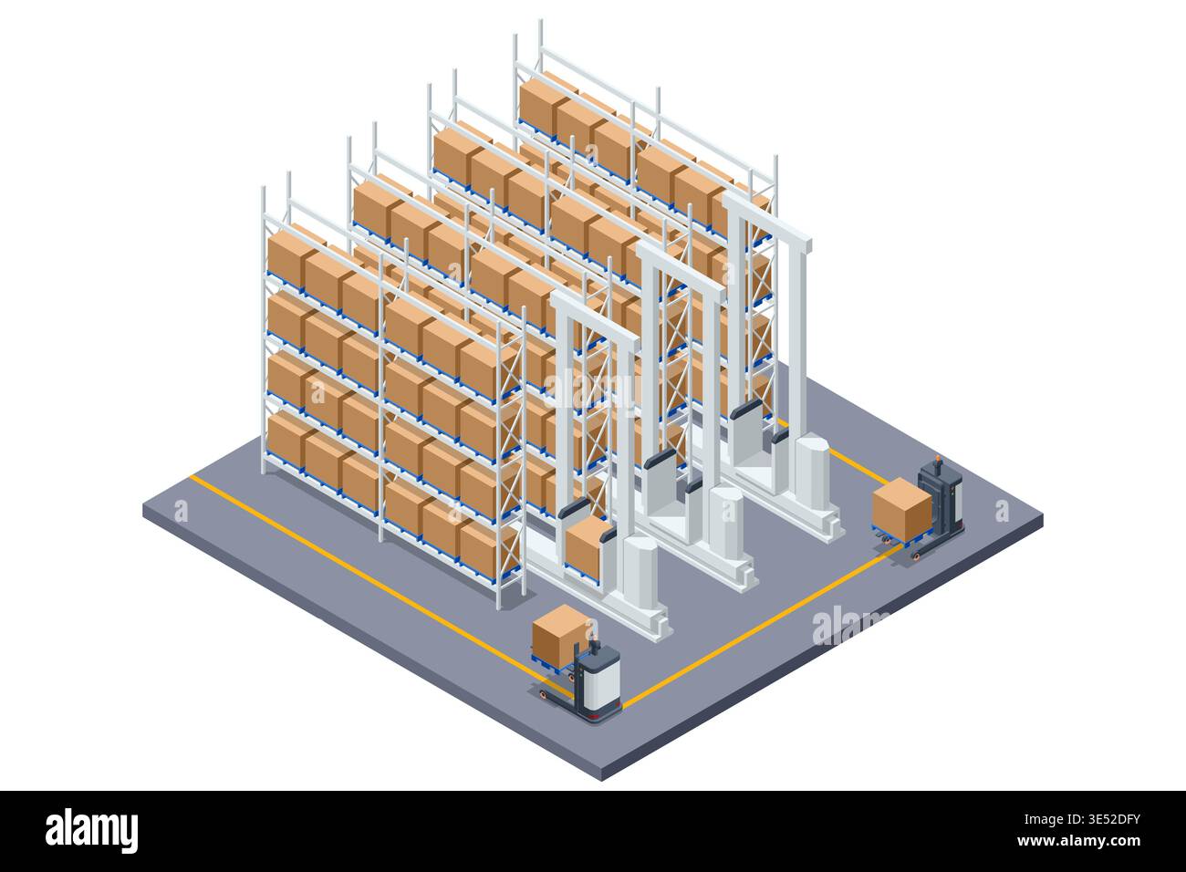 Isometric high bay warehouse with automated stacker crane and tall shelving full of boxes. Smart storage robotic retrieval, inventory control Stock Vector