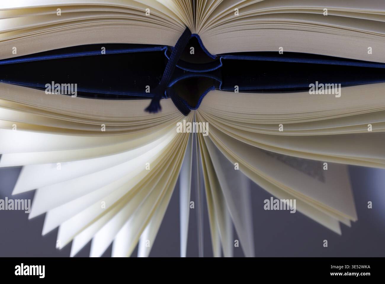 An open blue book on a mirror Stock Photo