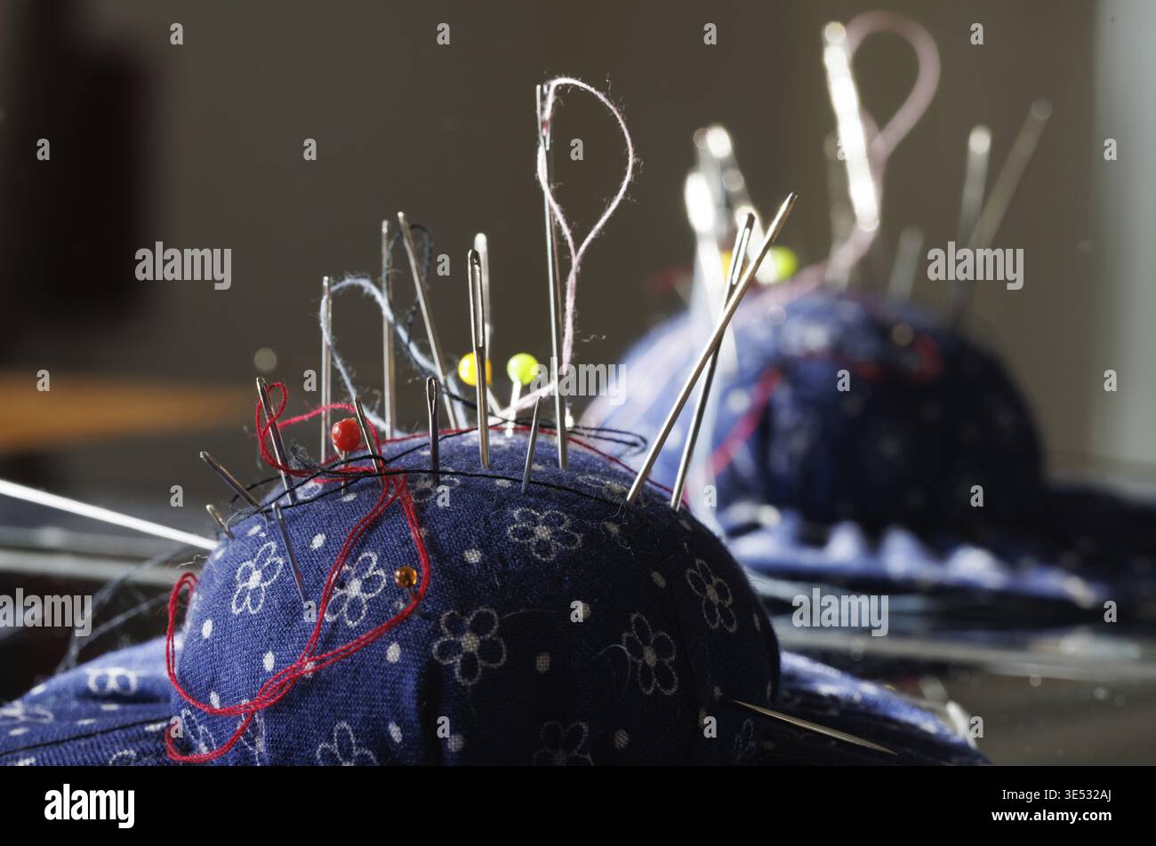 Different sewing needels and threads on a blue pincushion Stock Photo