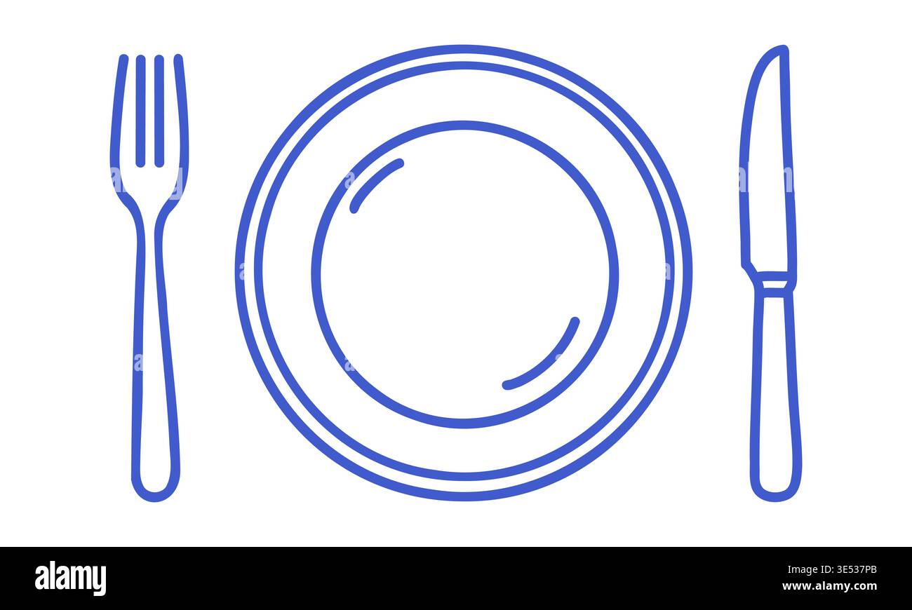 Plate with fork and knife in minimal outline illustration style. Hand drawn icon. Outline vector isolated illustration.  Stock Vector