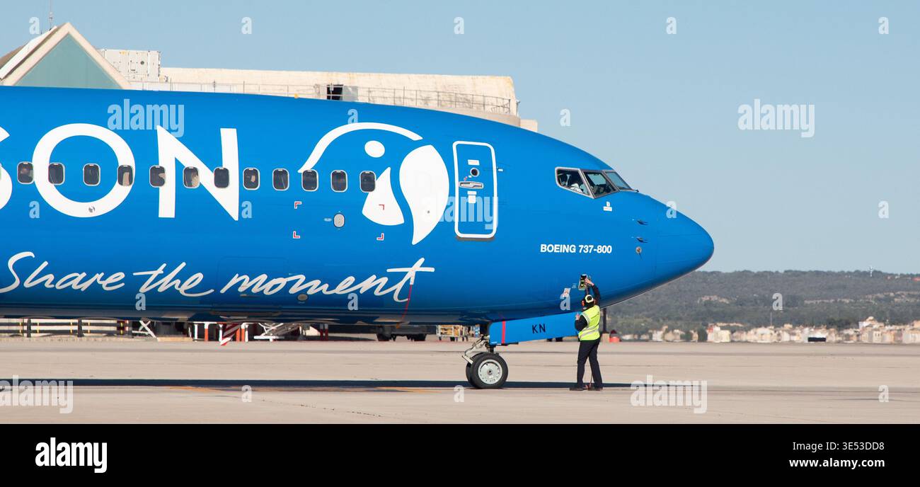 30 March 2026, Spain, Palma: Workers work on a Boeing 737 at Palma de ...