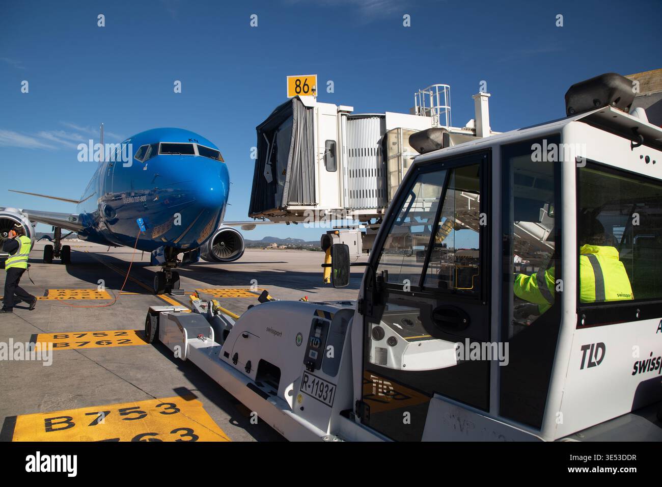 30 March 2026, Spain, Palma: Workers work on a Boeing 737 at Palma de ...