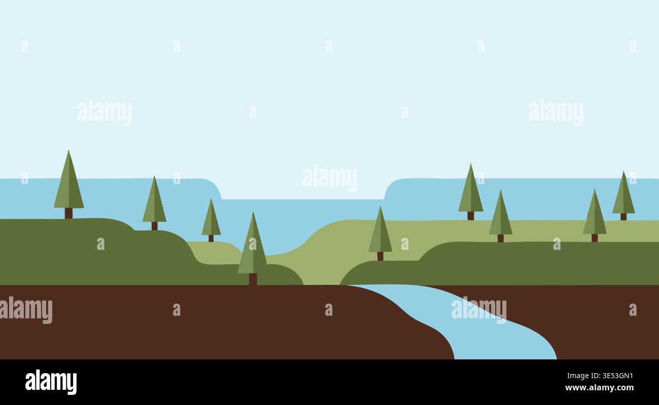 Minimalist flat design vector illustration depicts a serene natural landscape with green hills, a winding river, and a simple sun. Stock Vector