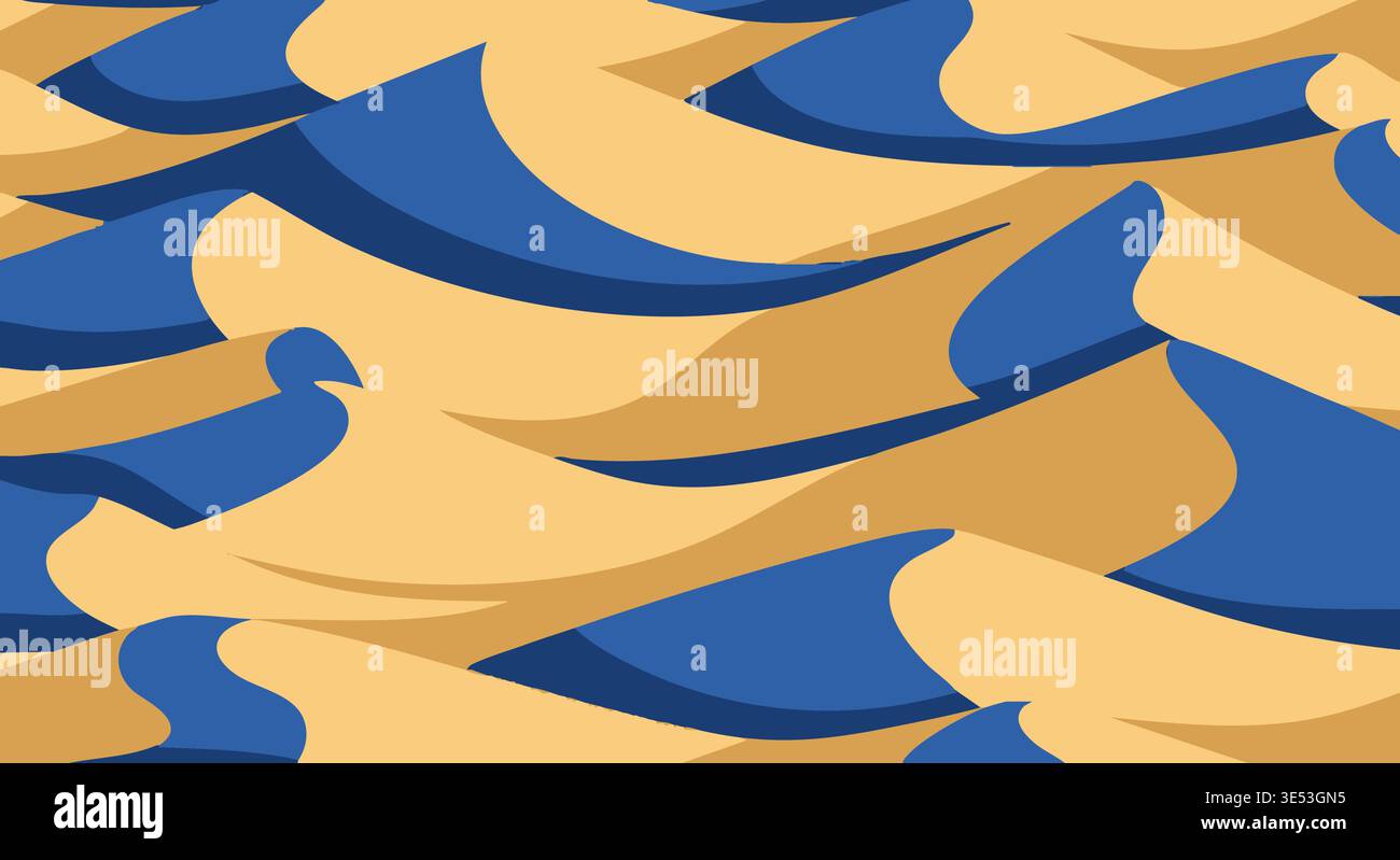 Abstract vector graphic illustration featuring a seamless pattern of flowing dunes and blue shadows. Stock Vector