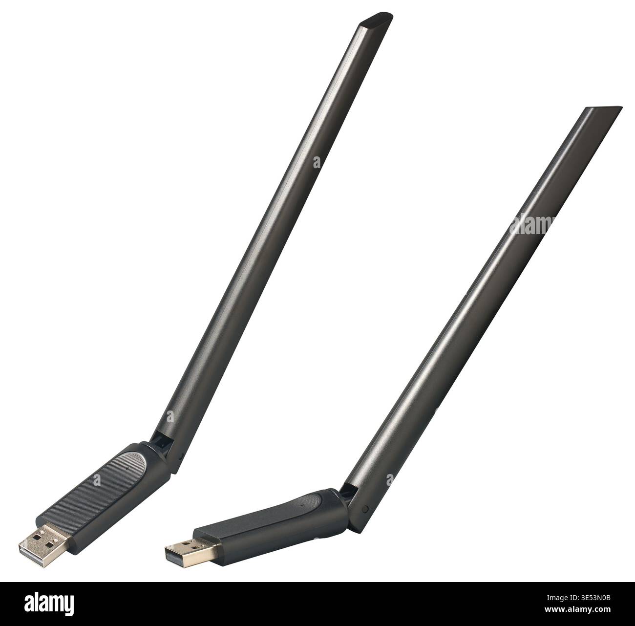 black usb wifi adapters with long adjustable external antennas isolated white background, taken in different angles Stock Photo