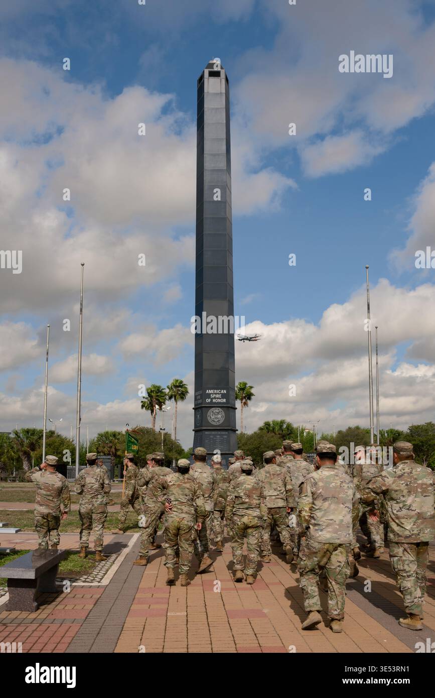 Members of the126th Military Police Company National Guard from New Mexico in front of the 105-foot American Spire of Honor in McAllen, TX, USA. Stock Photo