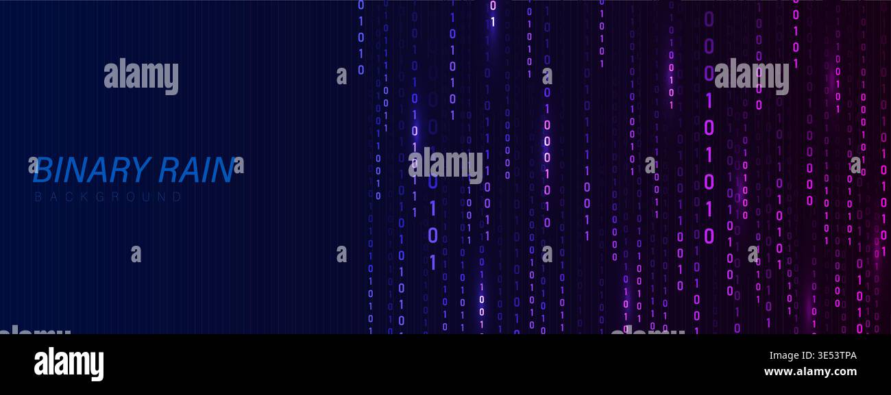 Binary Rain background. Dynamic hacker code with falling numbers. Neon futuristic cyberspace. Vector illustration Stock Vector
