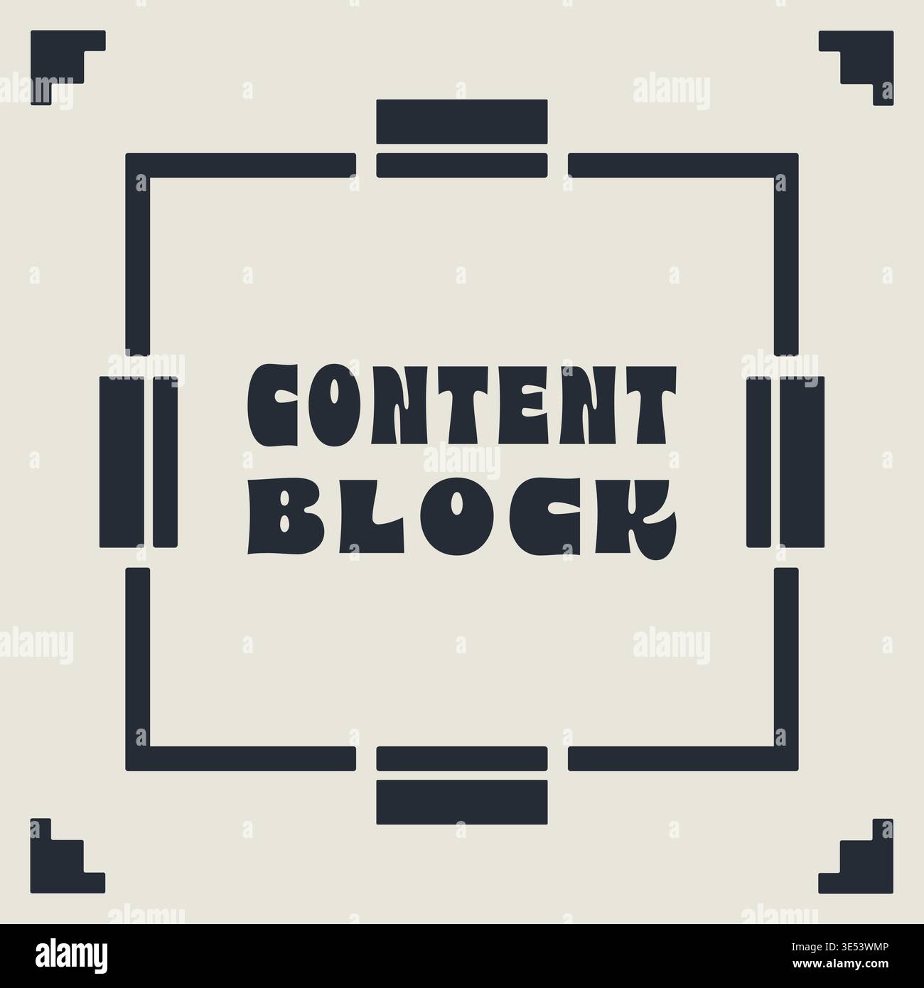 Structured square panel illustration featuring content block text centered inside a thick technical frame with corner markers and modular border secti Stock Vector