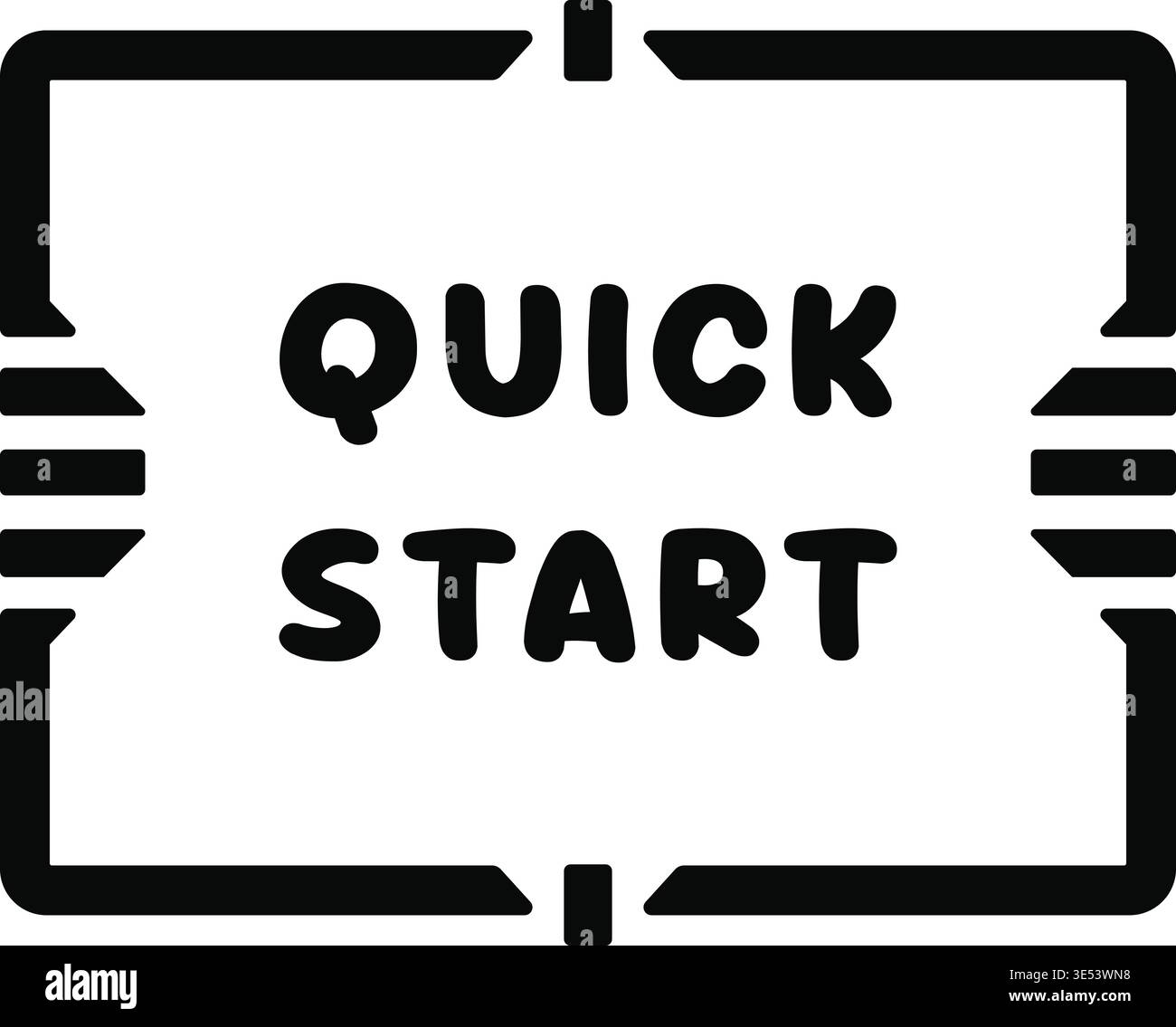 Bold rectangular title card illustration featuring quick start text centered within a thick geometric border with angular corner details and side acce Stock Vector