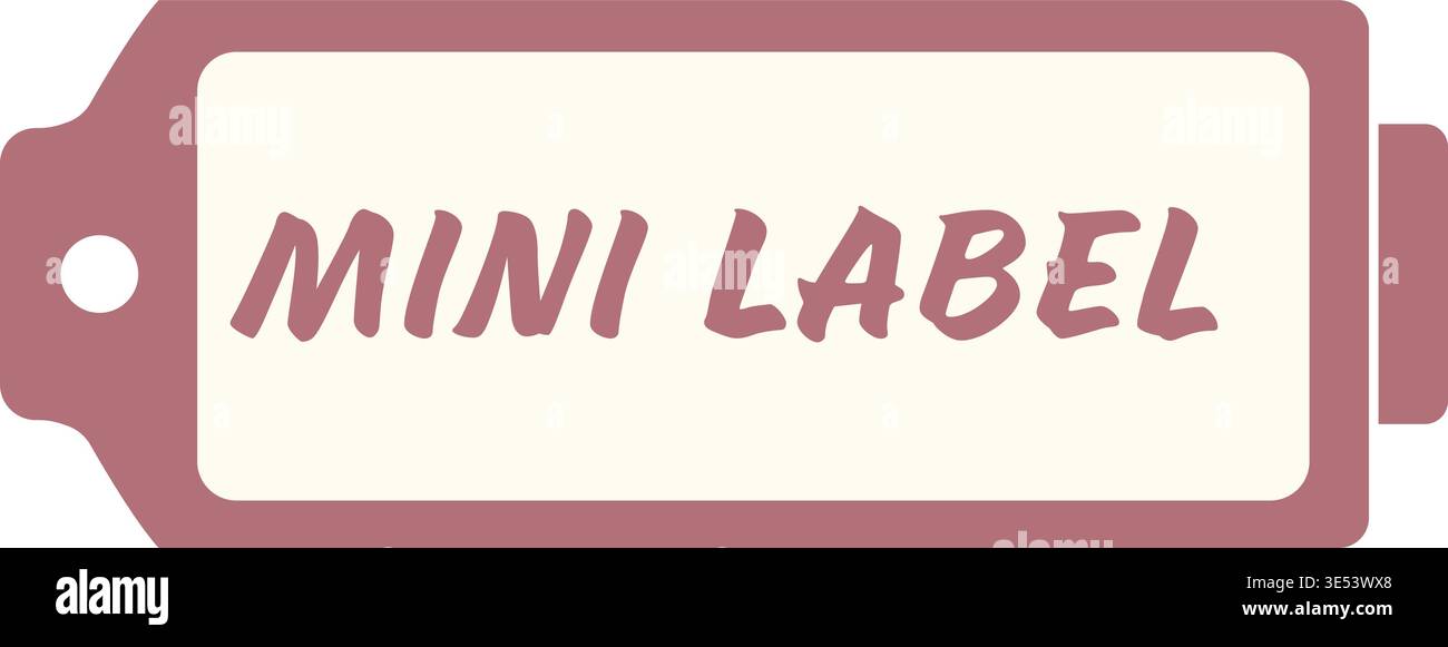 Decorative horizontal tag illustration featuring mini label text centered inside a rounded rectangular frame with a side tab and small punched hole. Stock Vector