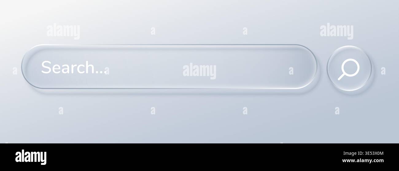 Glass search button liquid bar ui navigation effect overlay texture. This grid tech white bubble features blur abstract screen with a rectangle badge Stock Vector