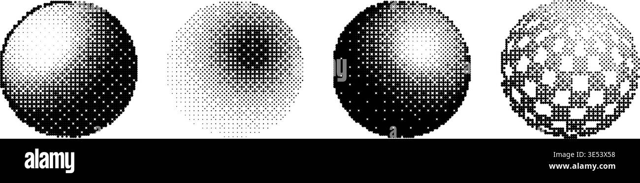 Pixel sphere shape set. Bitmap 3D globe form collection. Dither circle element pack for graphic design, banner, poster, leaflet. Rasterized effect halftone ball pack. Vector trend Y2K geometric bundle Stock Vector