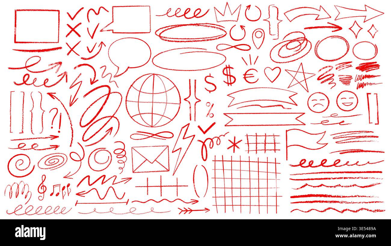 Hand drawn doodle red crayon pencil bubble and frame, arrow and mark, highlight and underline lines. Vector red crayon abstract scribbles, flag and star, ribbon banner, smile and globe shapes set Stock Vector