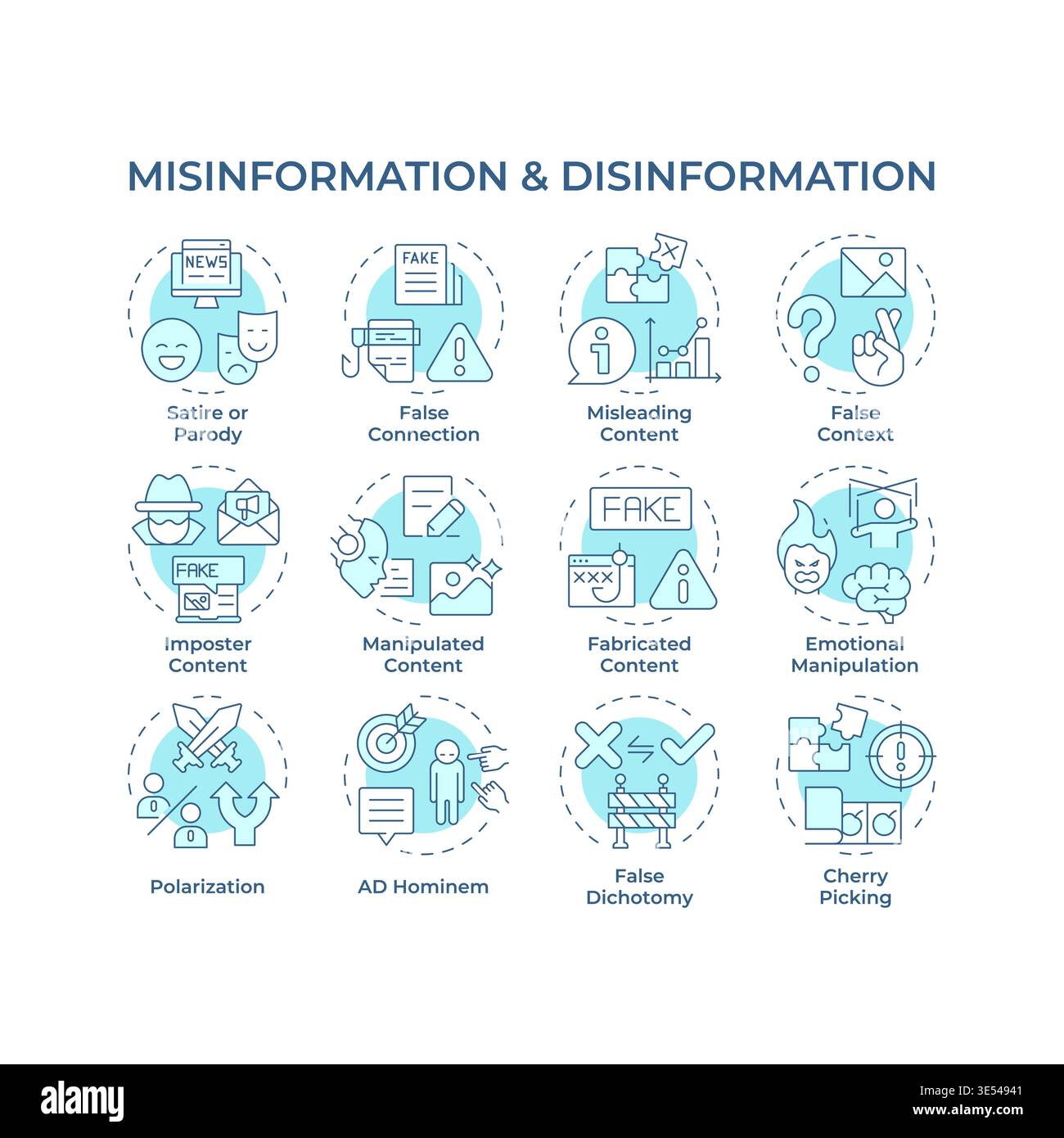 Misinformation and disinformation soft blue concept icons Stock Vector