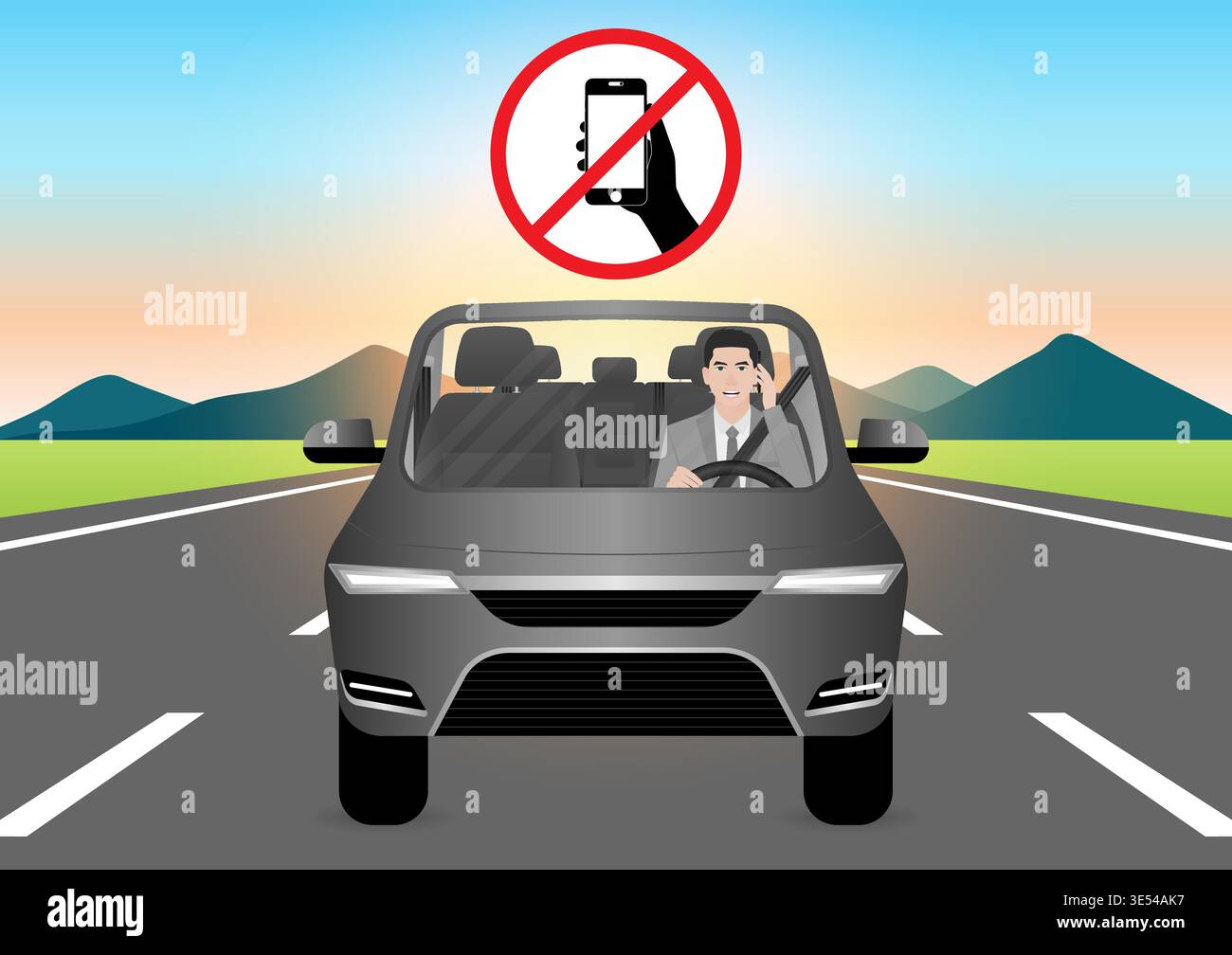 A Man Using Phone Texting Message While Driving a Car. Do Not Use Phone ...