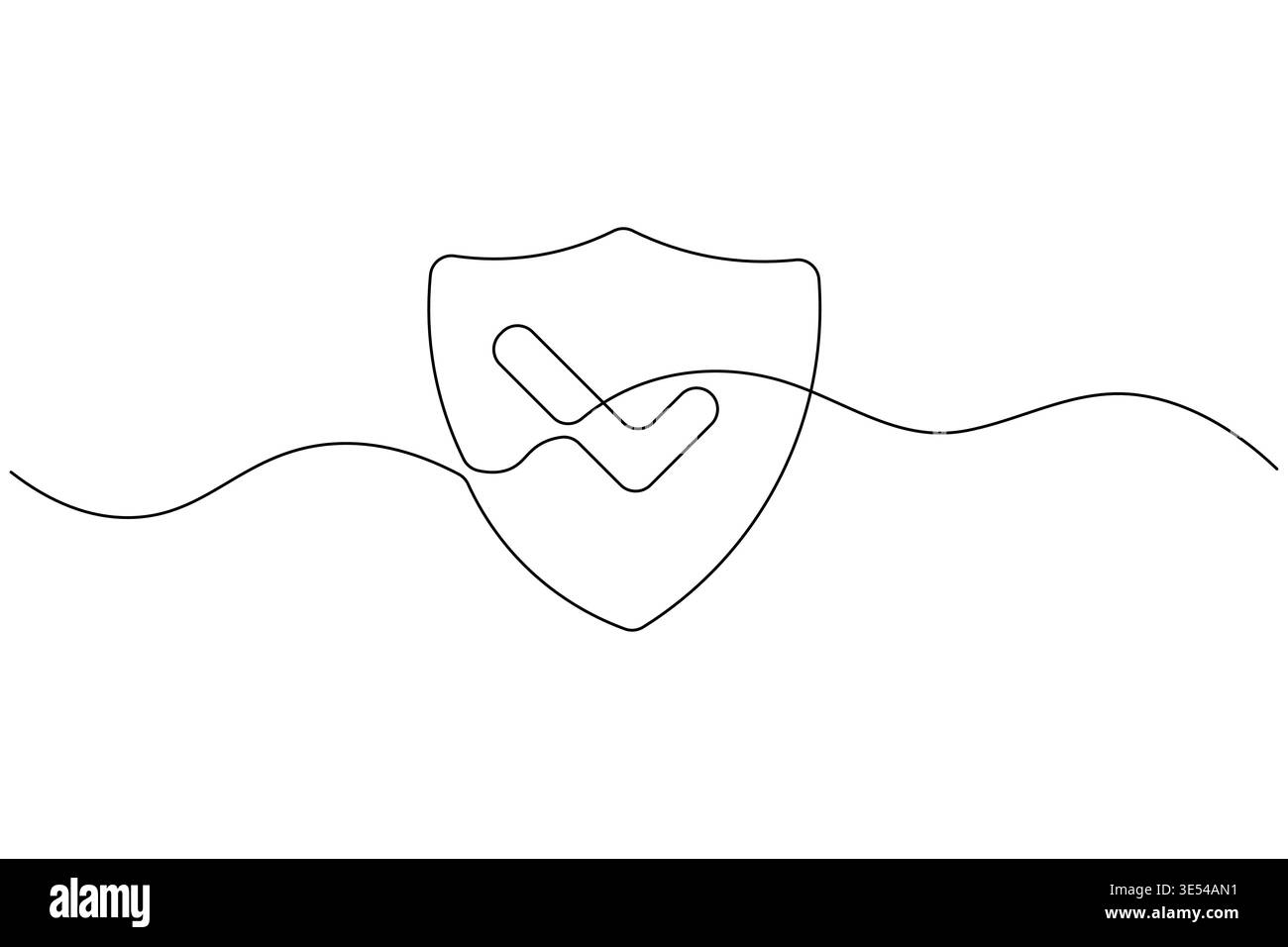 Shield with check mark continuous one line drawing on white background Stock Vector