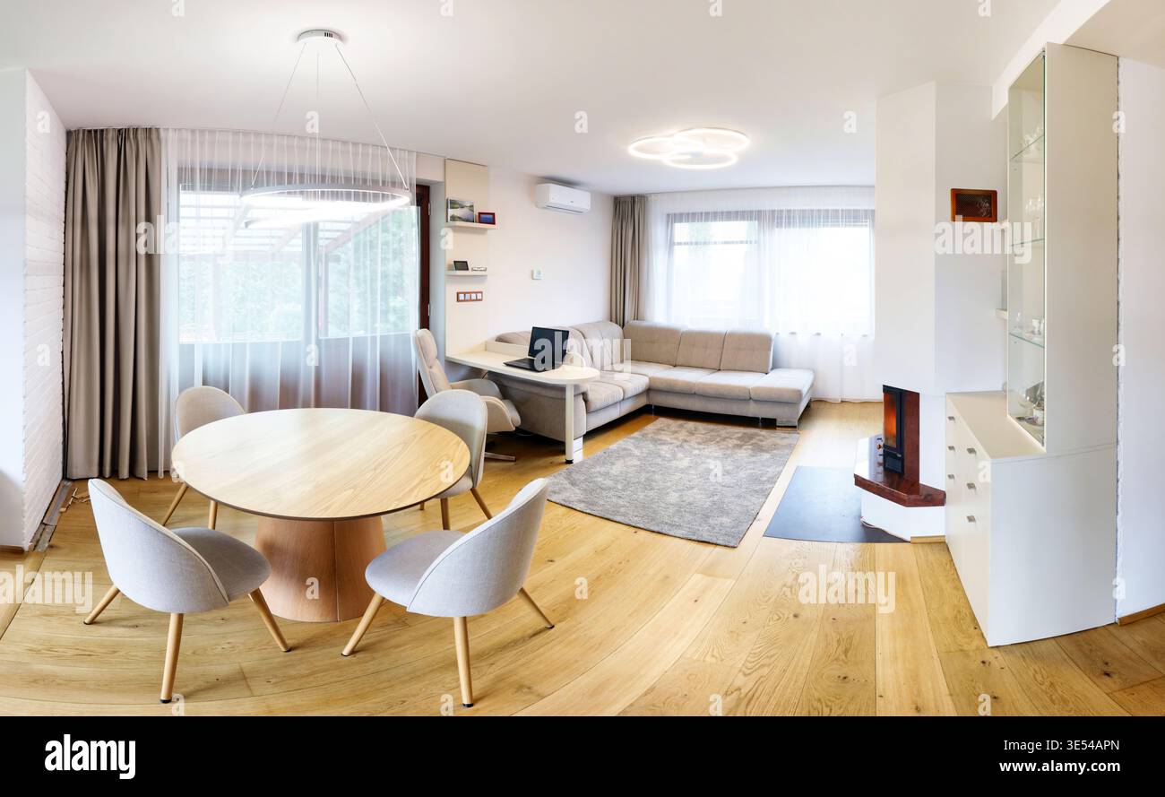 Modern Open Plan Living and Dining Room with Sleek Design Stock Photo ...
