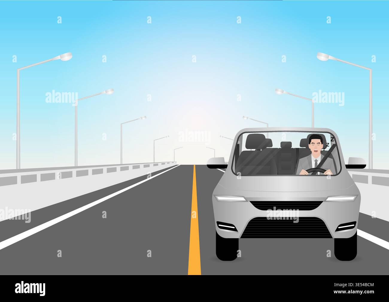 Sleepy Man. Man Sleepy While Driving. Driver Falling Asleep While Driving. Vector Illustration. Stock Vector