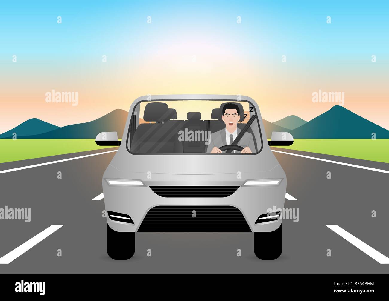 Sleepy Man. Man Sleepy While Driving. Driver Falling Asleep While Driving. Vector Illustration. Stock Vector