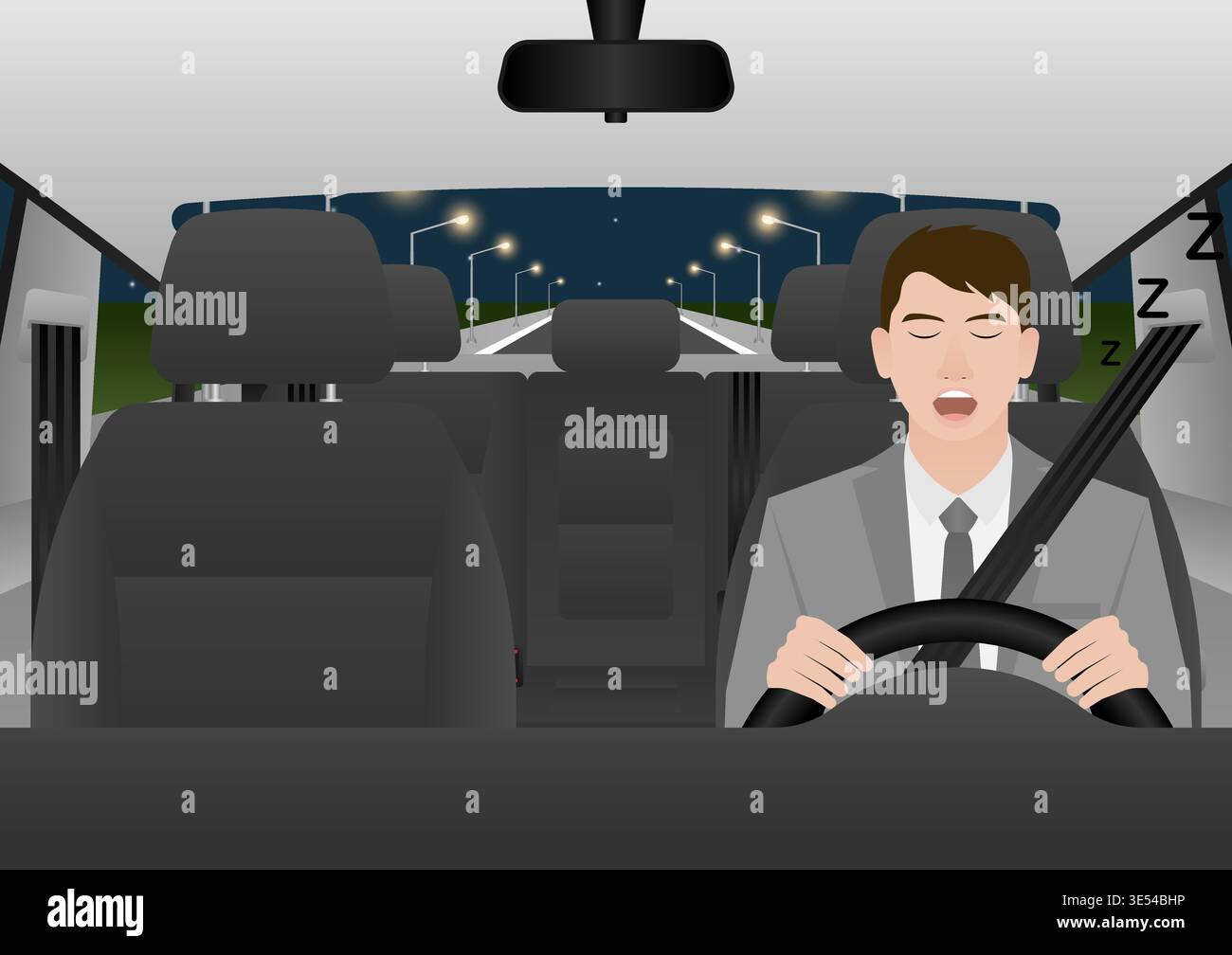 Sleepy Man. Man Sleepy While Driving. Driver Falling Asleep While Driving. Vector Illustration. Stock Vector