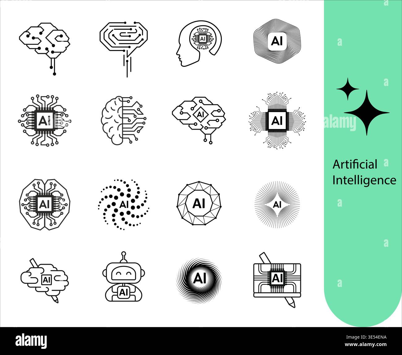 Icon set for Artificial Intelligence. Various chip images. Digital assistant. Line art. Suitable for AI technology branding Stock Vector